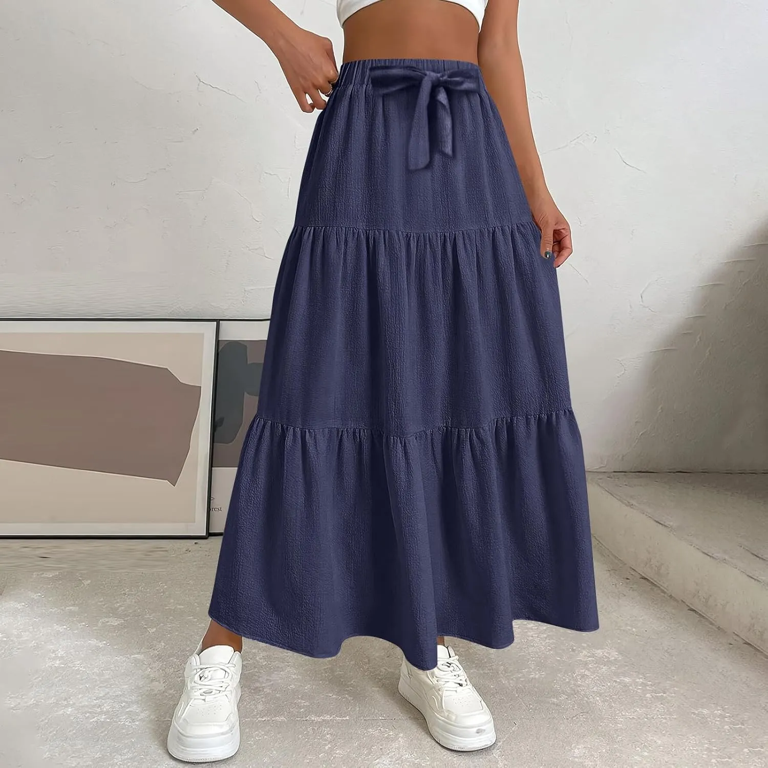 ADHOWBEW Skirts for Women Midi Length Sexy Trendy Flowy Casual Cotton Smocked Bohemian High Waist Skirts