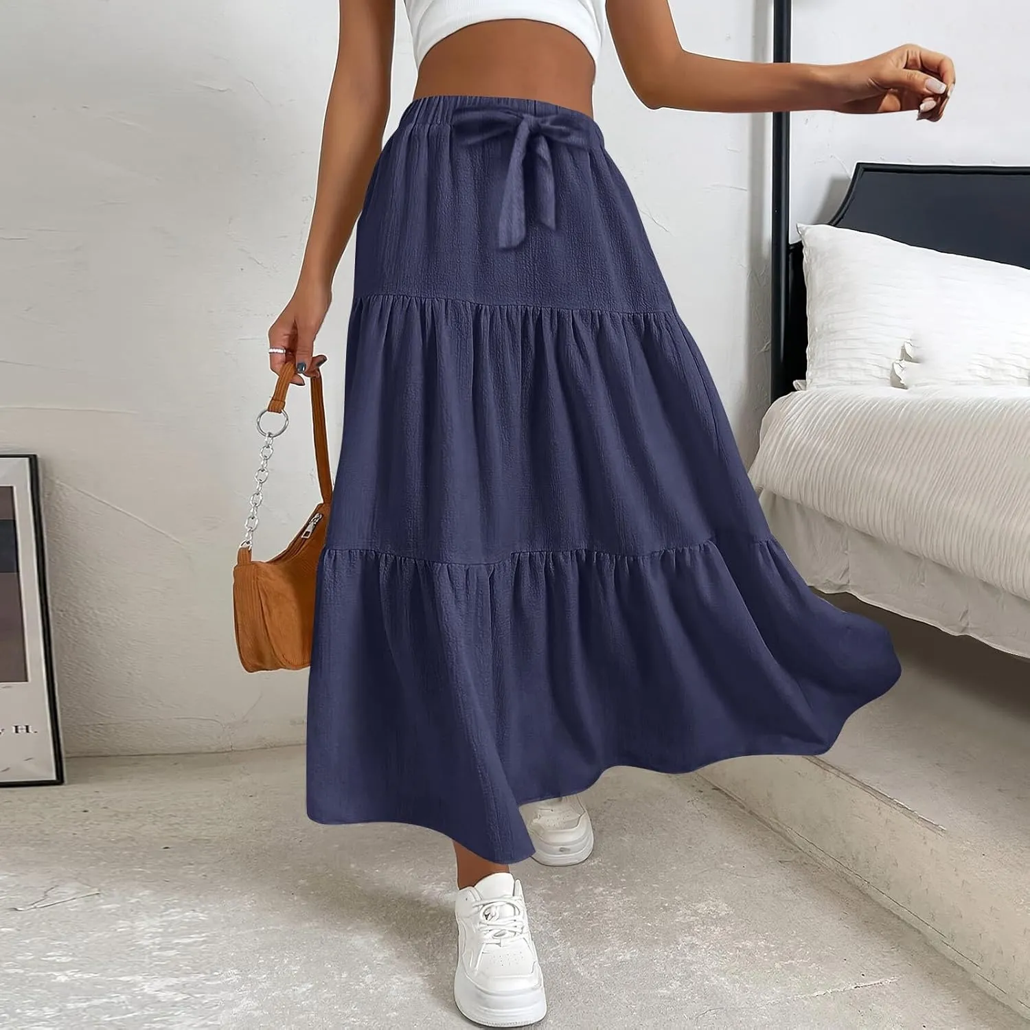 ADHOWBEW Skirts for Women Midi Length Sexy Trendy Flowy Casual Cotton Smocked Bohemian High Waist Skirts