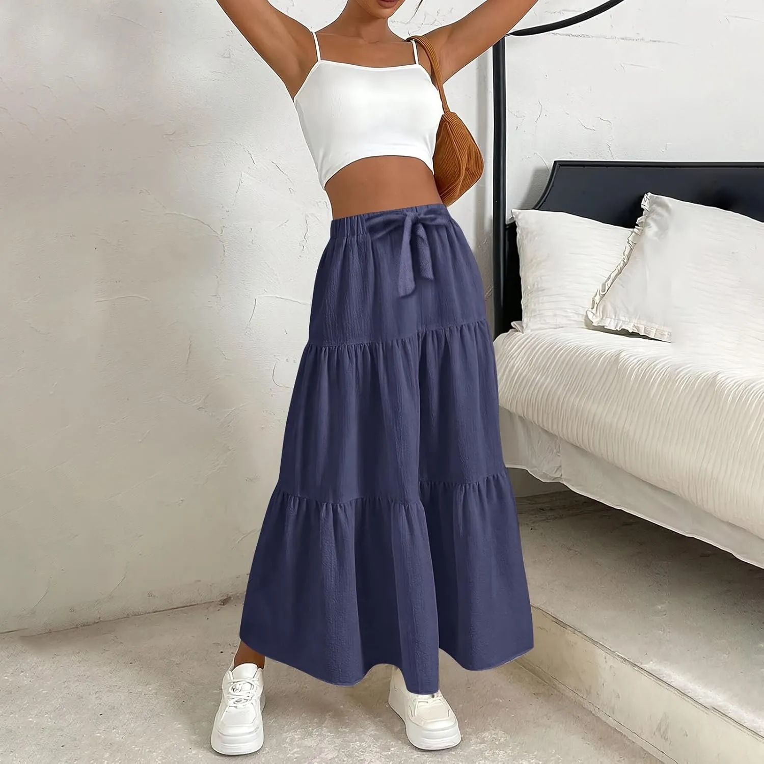 ADHOWBEW Skirts for Women Midi Length Sexy Trendy Flowy Casual Cotton Smocked Bohemian High Waist Skirts