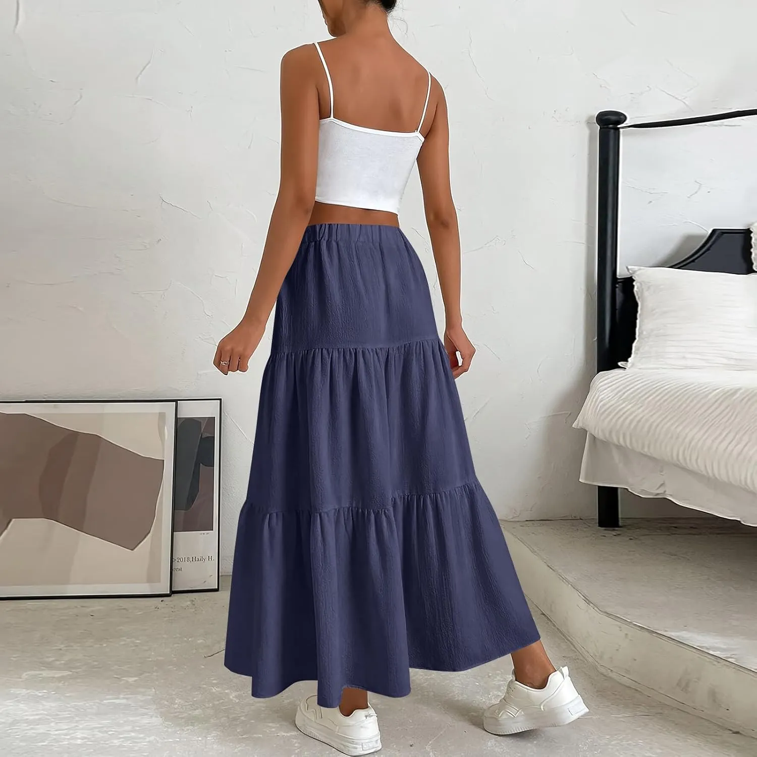 ADHOWBEW Skirts for Women Midi Length Sexy Trendy Flowy Casual Cotton Smocked Bohemian High Waist Skirts