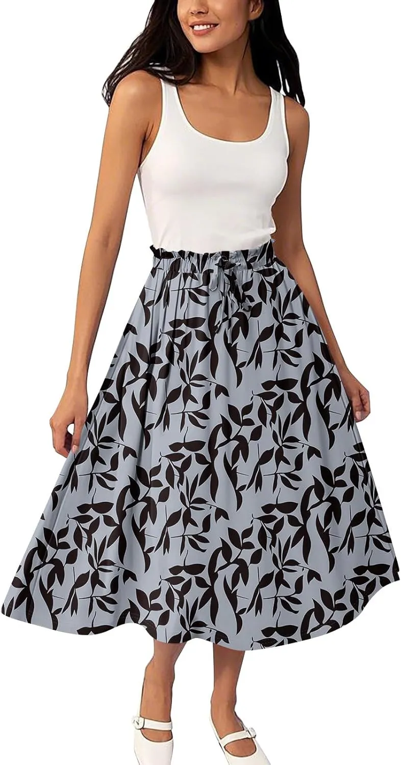 ADHOWBEW Womens Floral Maxi Skirt Summer Casual Smocked Sexy Elastic Waist Trendy Cotton Flowy Skirts