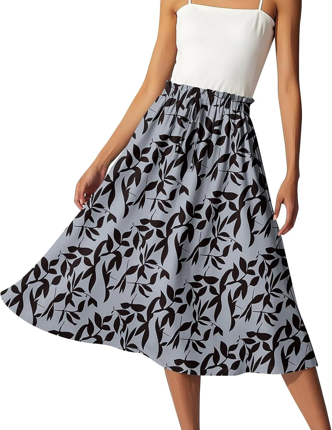 ADHOWBEW Womens Floral Maxi Skirt Summer Casual Smocked Sexy Elastic Waist Trendy Cotton Flowy Skirts