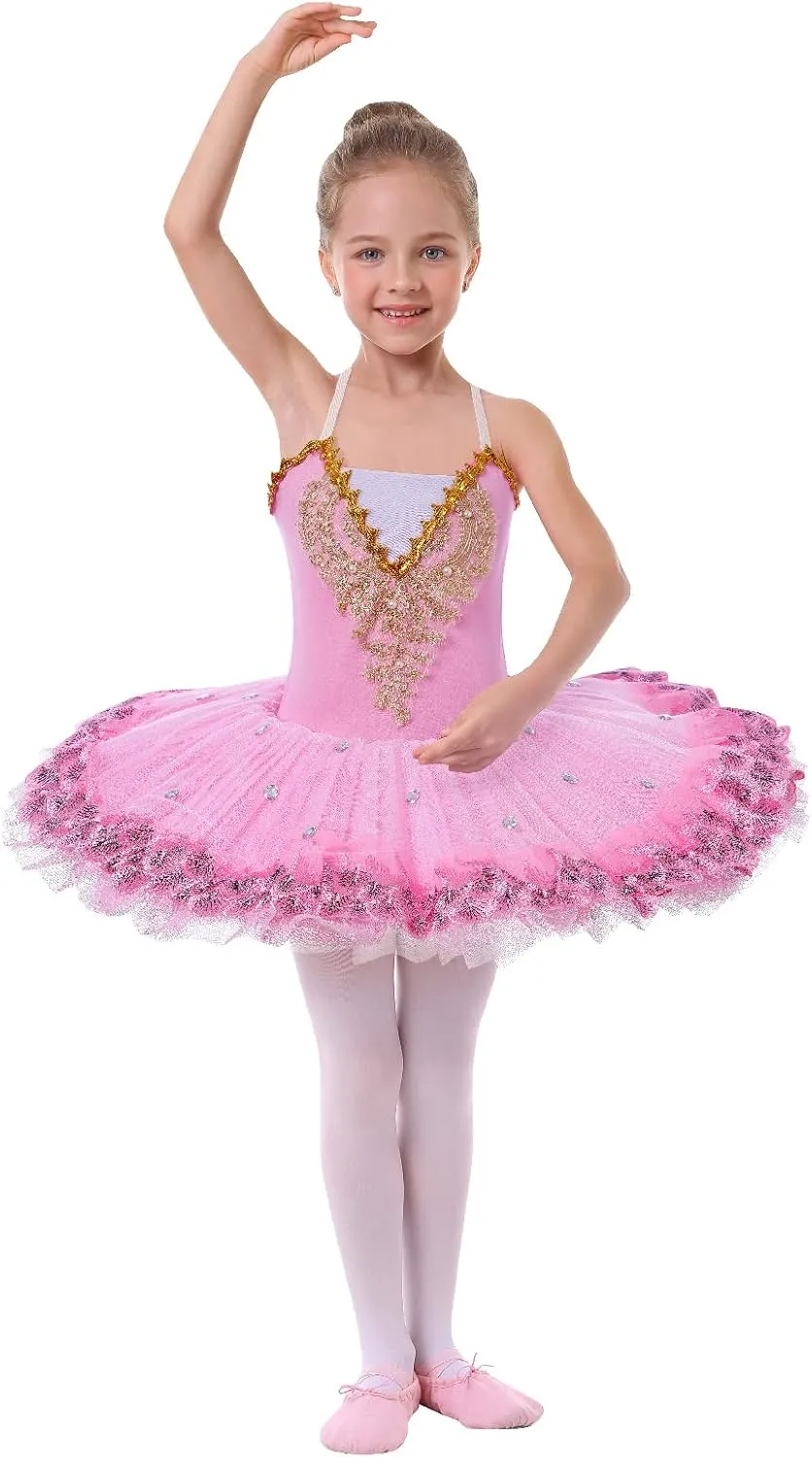 AFAVOM Ballet Leotards for Girls with Platter Tutu Professional Hard Organdy Camisole Skirt Swan Lake Feather Hem Dancewear