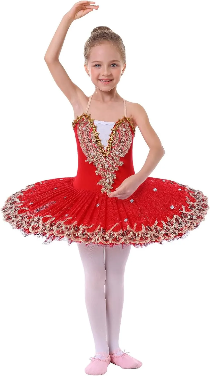 AFAVOM Ballet Leotards for Girls with Platter Tutu Professional Hard Organdy Camisole Skirt Swan Lake Feather Hem Dancewear