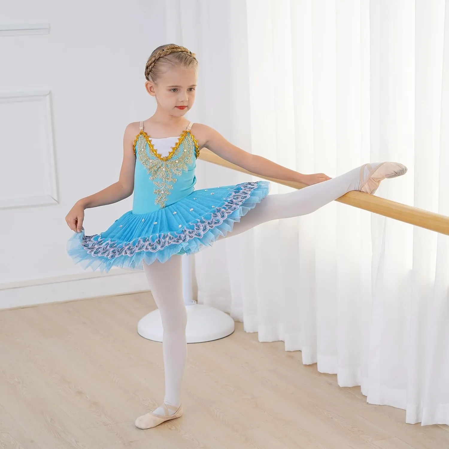 AFAVOM Ballet Leotards for Girls with Platter Tutu Professional Hard Organdy Camisole Skirt Swan Lake Feather Hem Dancewear