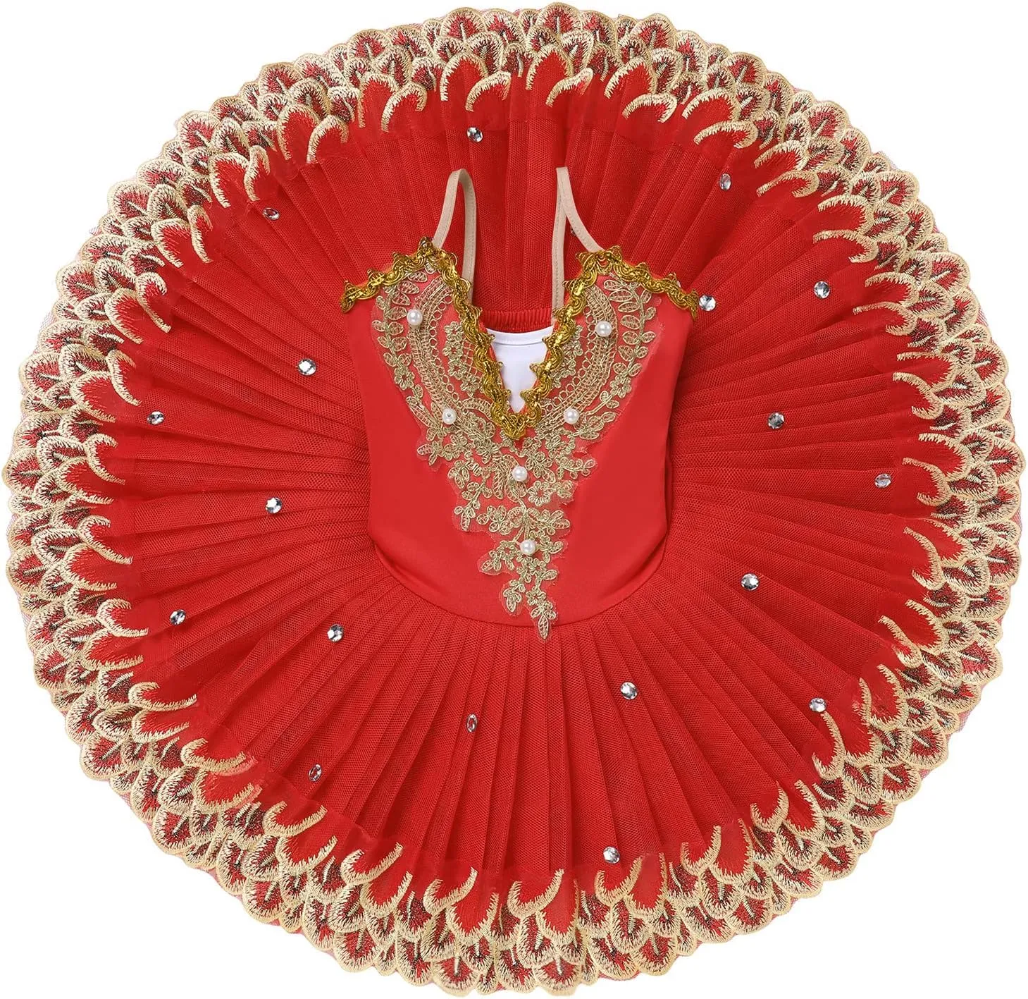 AFAVOM Ballet Leotards for Girls with Platter Tutu Professional Hard Organdy Camisole Skirt Swan Lake Feather Hem Dancewear