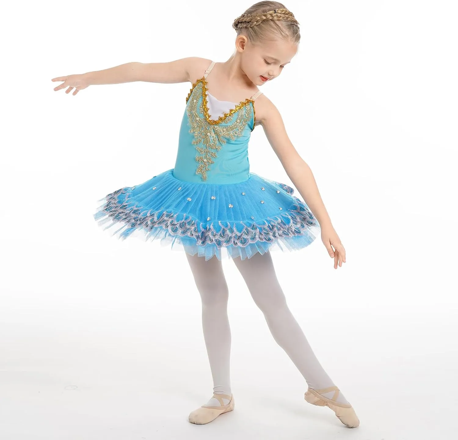AFAVOM Ballet Leotards for Girls with Platter Tutu Professional Hard Organdy Camisole Skirt Swan Lake Feather Hem Dancewear