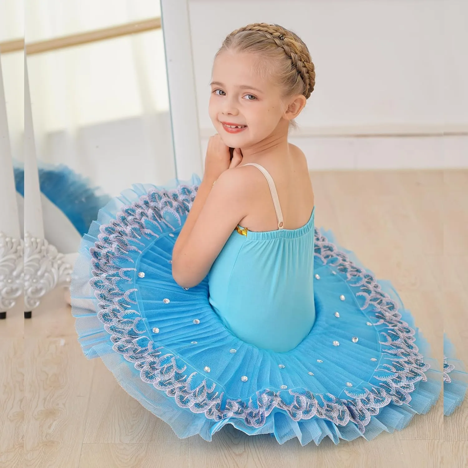 AFAVOM Ballet Leotards for Girls with Platter Tutu Professional Hard Organdy Camisole Skirt Swan Lake Feather Hem Dancewear