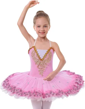 AFAVOM Ballet Leotards for Girls with Platter Tutu Professional Hard Organdy Camisole Skirt Swan Lake Feather Hem Dancewear