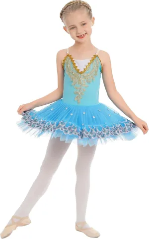 AFAVOM Ballet Leotards for Girls with Platter Tutu Professional Hard Organdy Camisole Skirt Swan Lake Feather Hem Dancewear