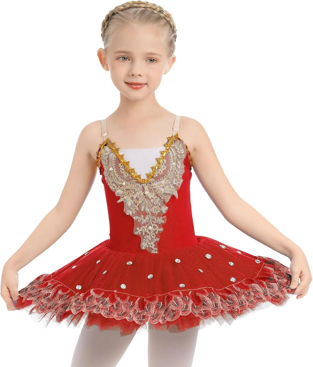 AFAVOM Ballet Leotards for Girls with Platter Tutu Professional Hard Organdy Camisole Skirt Swan Lake Feather Hem Dancewear