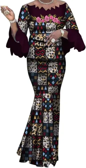 African Skirt Sets for Women Elegant Irregular Neck Tops and Long Skirts Outfits Africa Clothing