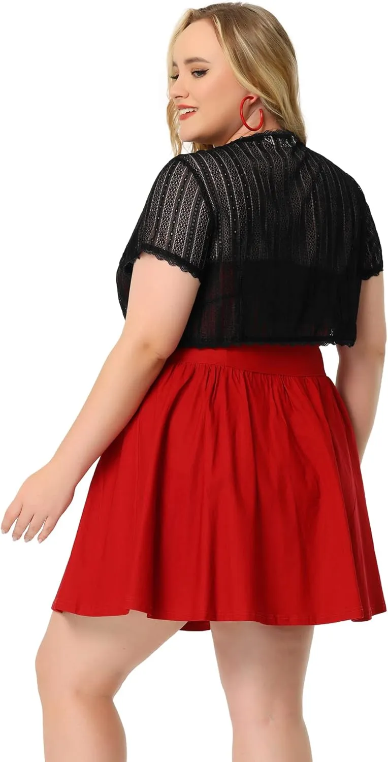 Agnes Orinda Plus Size Lace Shrugs for Women Elegant Sheer Short Sleeve Floral Bolero Shrug Tops Cardigan