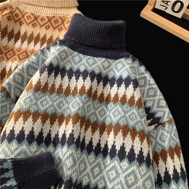 Aidase Neck Sweaters Men Geometric Trendy Traditional Baggy Long Sleeve Knitting Pullovers Harajuku Leisure Japanese Style Warm