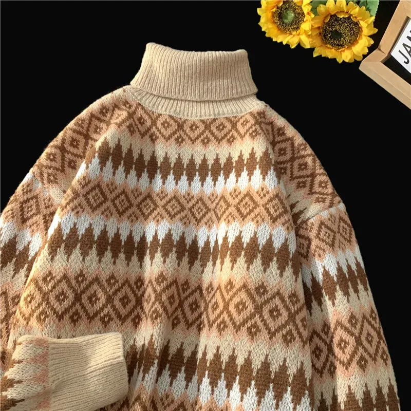 Aidase Neck Sweaters Men Geometric Trendy Traditional Baggy Long Sleeve Knitting Pullovers Harajuku Leisure Japanese Style Warm