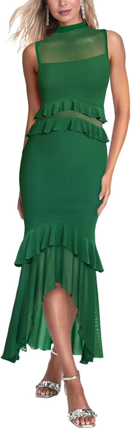 Aisbei Women's Elegant Bodycon Maxi Dress Mock Neck Sleeveless Mesh Ruffle Dress Party Cocktail Formal Wedding Guest Dresses
