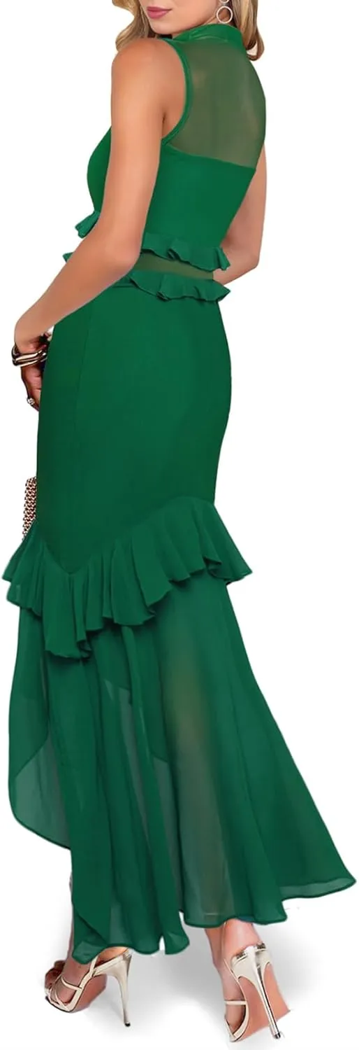 Aisbei Women's Elegant Bodycon Maxi Dress Mock Neck Sleeveless Mesh Ruffle Dress Party Cocktail Formal Wedding Guest Dresses