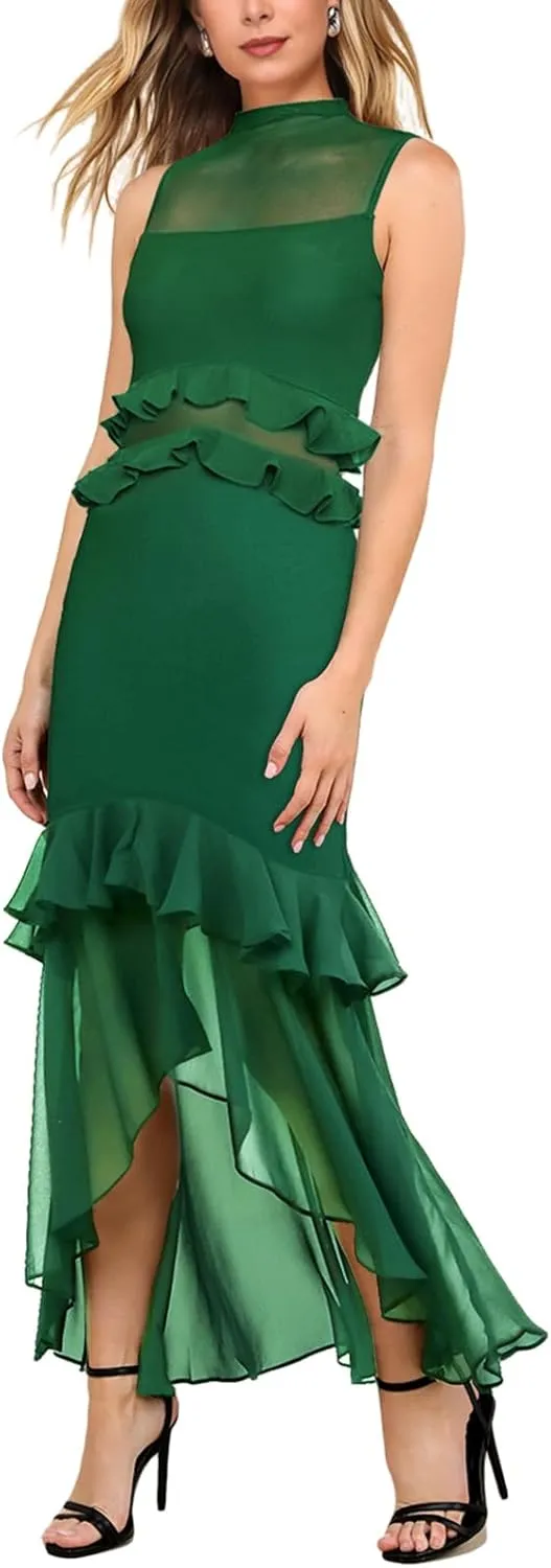 Aisbei Women's Elegant Bodycon Maxi Dress Mock Neck Sleeveless Mesh Ruffle Dress Party Cocktail Formal Wedding Guest Dresses