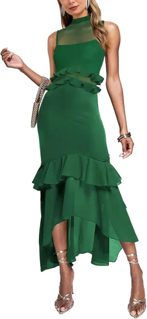 Aisbei Women's Elegant Bodycon Maxi Dress Mock Neck Sleeveless Mesh Ruffle Dress Party Cocktail Formal Wedding Guest Dresses