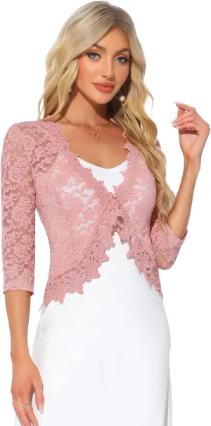 Allegra K Floral Lace Shrugs for Women's Evening 3/4 Sleeves Formal Elegant Bolero Cardigan