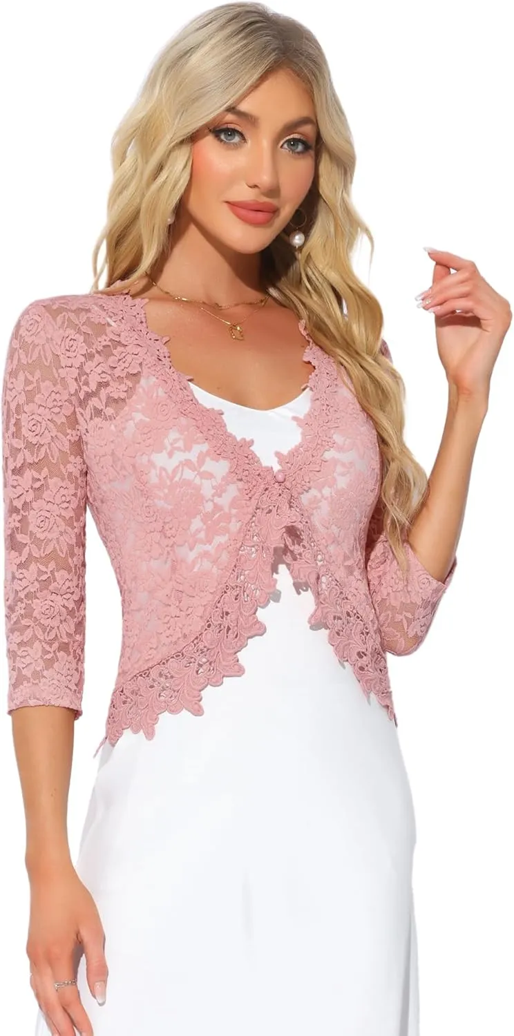 Allegra K Floral Lace Shrugs for Women's Evening 3/4 Sleeves Formal Elegant Bolero Cardigan