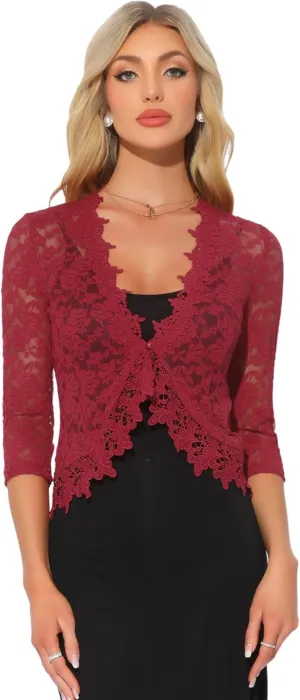 Allegra K Floral Lace Shrugs for Women's Evening 3/4 Sleeves Formal Elegant Bolero Cardigan