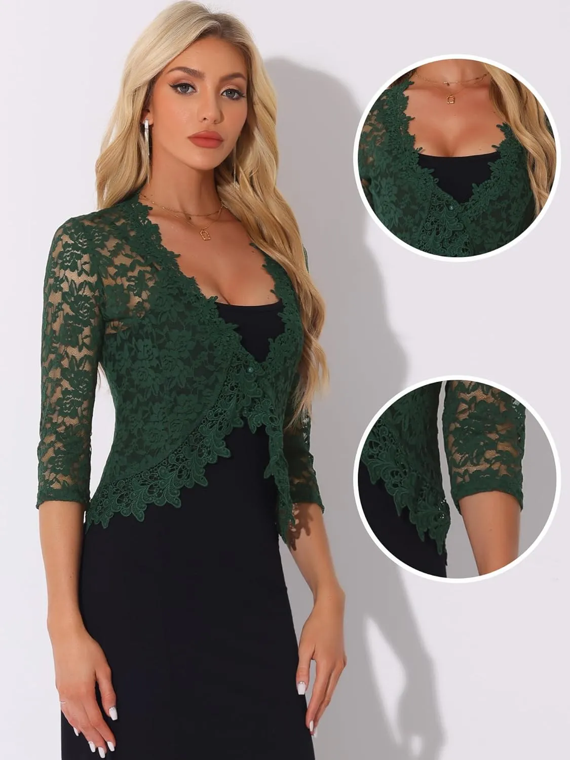 Allegra K Floral Lace Shrugs for Women's Evening 3/4 Sleeves Formal Elegant Bolero Cardigan