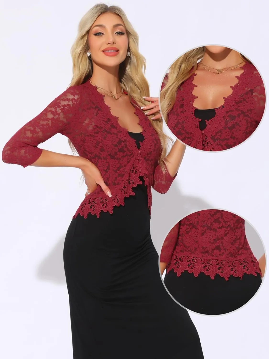 Allegra K Floral Lace Shrugs for Women's Evening 3/4 Sleeves Formal Elegant Bolero Cardigan