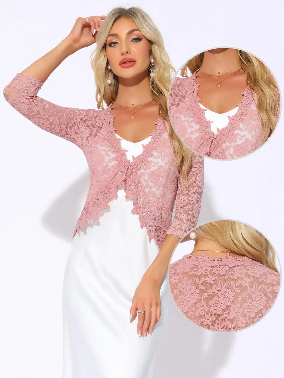 Allegra K Floral Lace Shrugs for Women's Evening 3/4 Sleeves Formal Elegant Bolero Cardigan