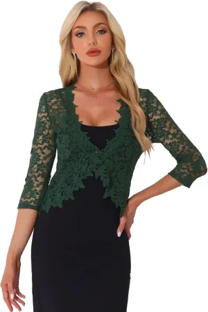 Allegra K Floral Lace Shrugs for Women's Evening 3/4 Sleeves Formal Elegant Bolero Cardigan