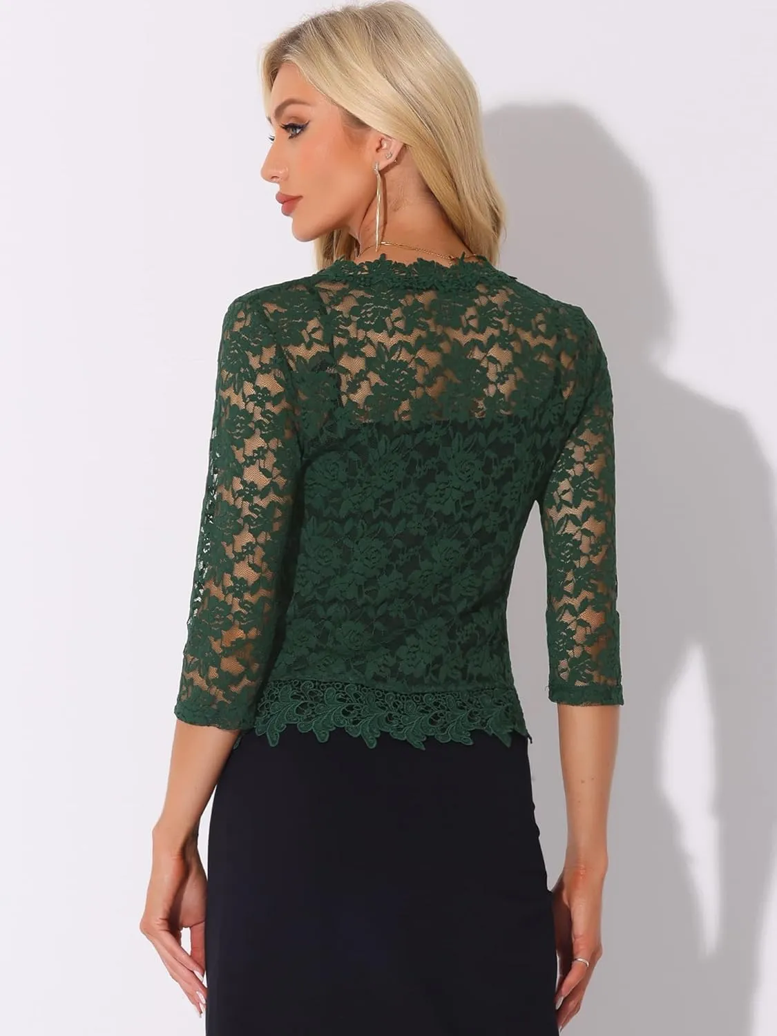 Allegra K Floral Lace Shrugs for Women's Evening 3/4 Sleeves Formal Elegant Bolero Cardigan