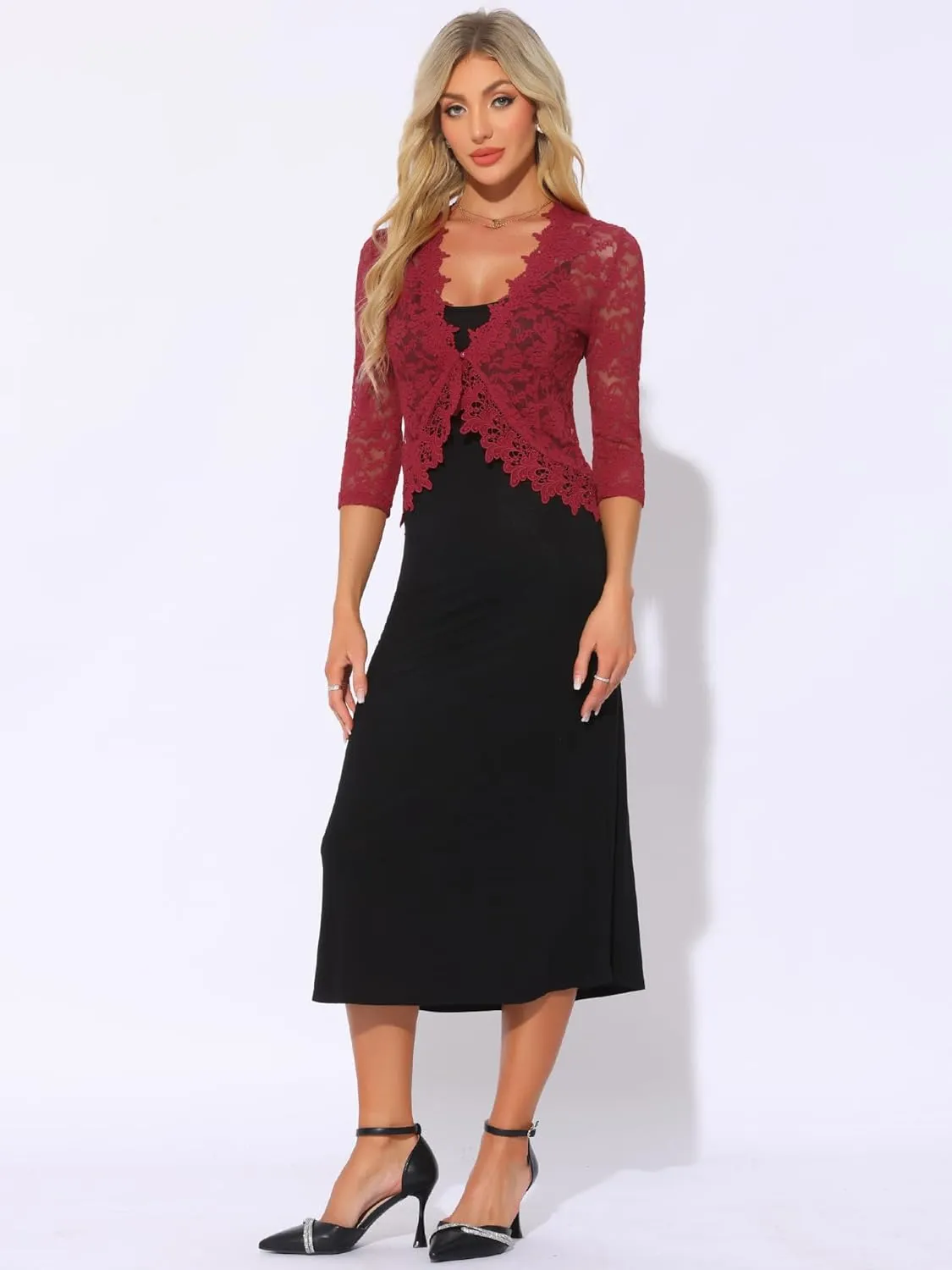 Allegra K Floral Lace Shrugs for Women's Evening 3/4 Sleeves Formal Elegant Bolero Cardigan