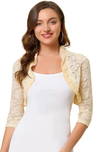 Allegra K Women's Elegant Lace Cardigan Ruffle Collar Crop 3/4 Sleeve Sheer Bolero Floral Lace Shrug Top