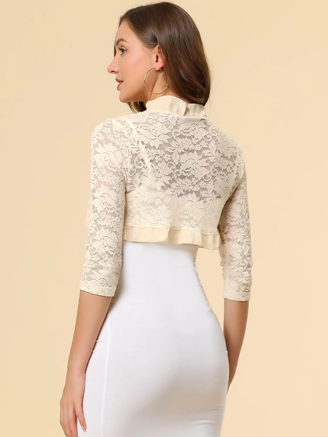 Allegra K Women's Elegant Lace Cardigan Ruffle Collar Crop 3/4 Sleeve Sheer Bolero Floral Lace Shrug Top