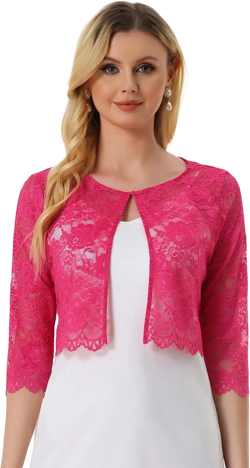 Allegra K Women's Lace Cardigan Open Front Lace Shrug Elegant Sheer Floral Cropped Bolero Lace Tops