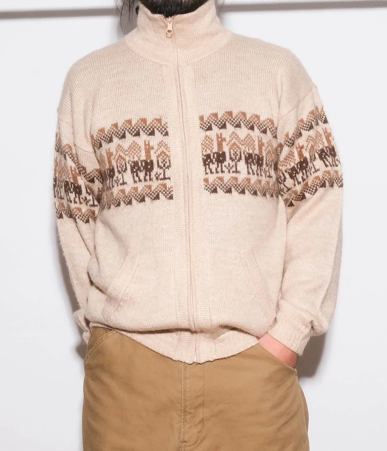 Alpaca Pattern Zip Sweaters (Beige)