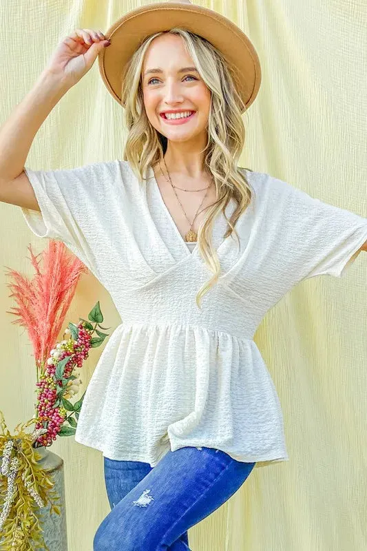 And The Why Textured and Soft V Neck Casual Top In Ivory