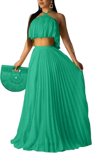 Aro Lora Women's Sexy Chiffon Sleeveless Ruffle Crop Top Pleated Long Skirt 2 Piece Maxi Dress