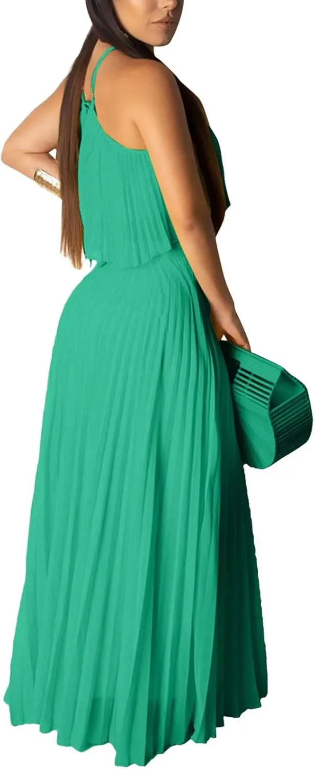 Aro Lora Women's Sexy Chiffon Sleeveless Ruffle Crop Top Pleated Long Skirt 2 Piece Maxi Dress