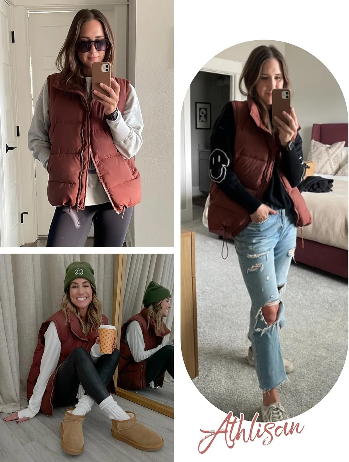 Athlisan Womens Zip Up Puffer Vest Stand Collar Sleeveless Padded Jacket Coat