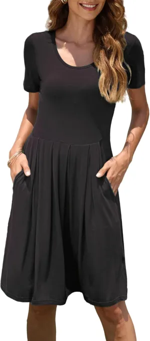 AUSELILY Women Summer Short Sleeve Pleated Dress, Fashion Loose Swing Knee Length Comfortable Peplum Skirt