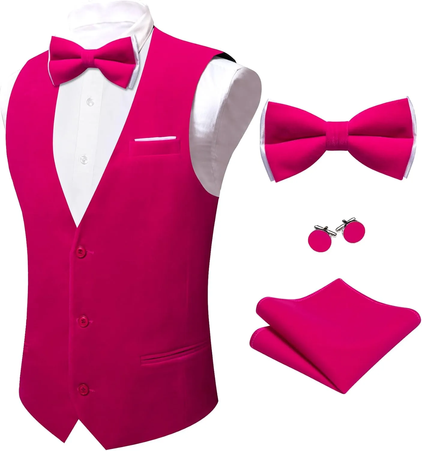Barry.Wang Men's Velvet Vests Formal Waistcoat Bowtie Set Hanky Cufflink Armband Wedding Party Tuxedo Vest 6PCS