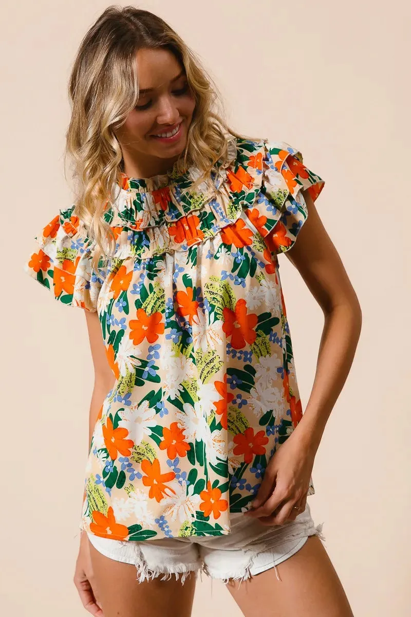 BiBi Multi Color Floral Print Woven Top In Cream