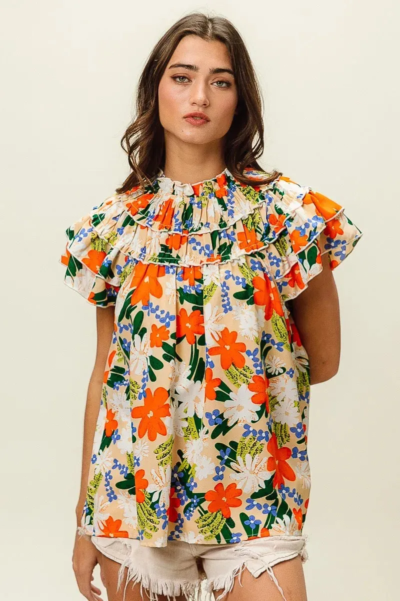 BiBi Multi Color Floral Print Woven Top In Cream