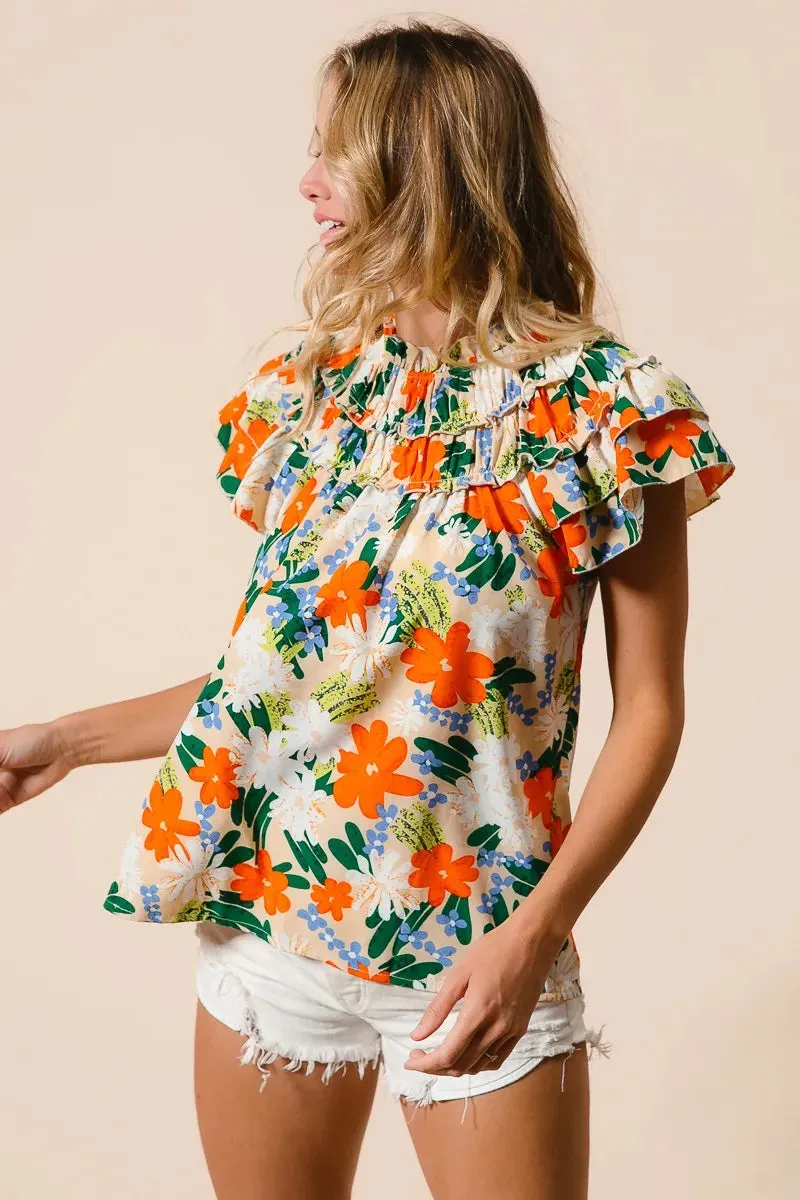 BiBi Multi Color Floral Print Woven Top In Cream