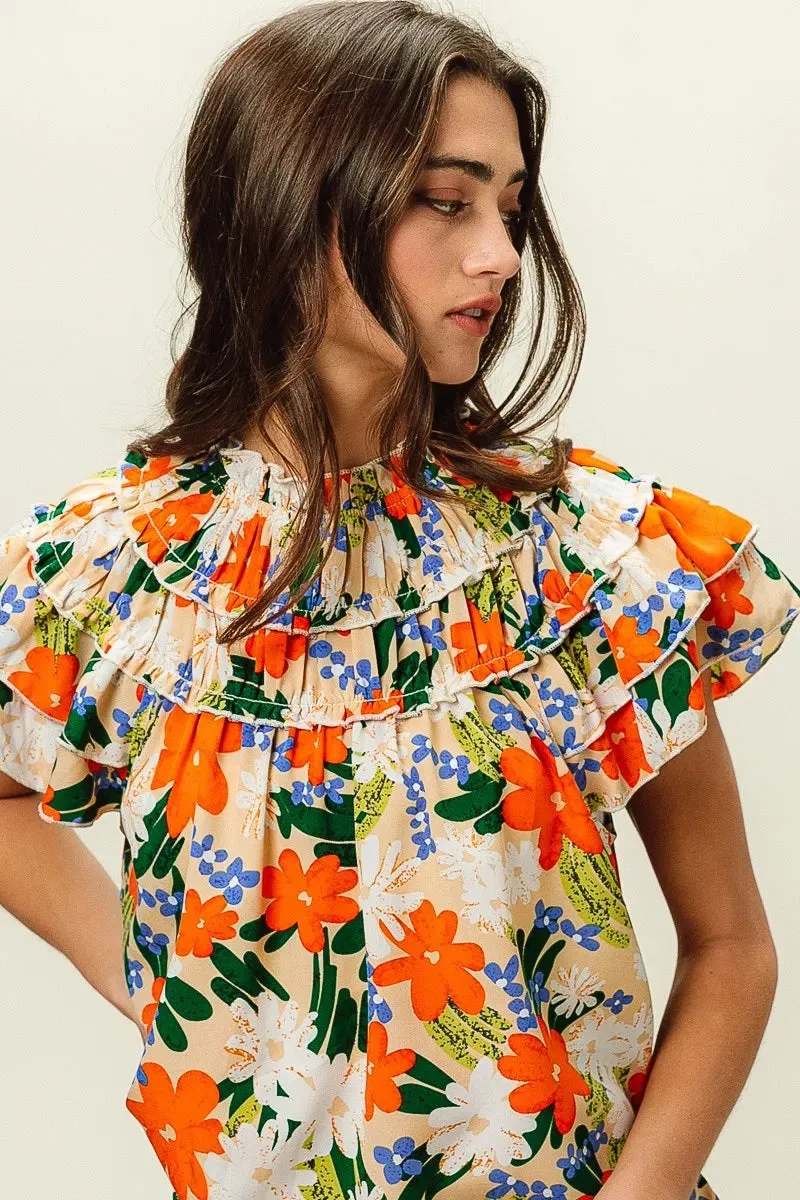 BiBi Multi Color Floral Print Woven Top In Cream