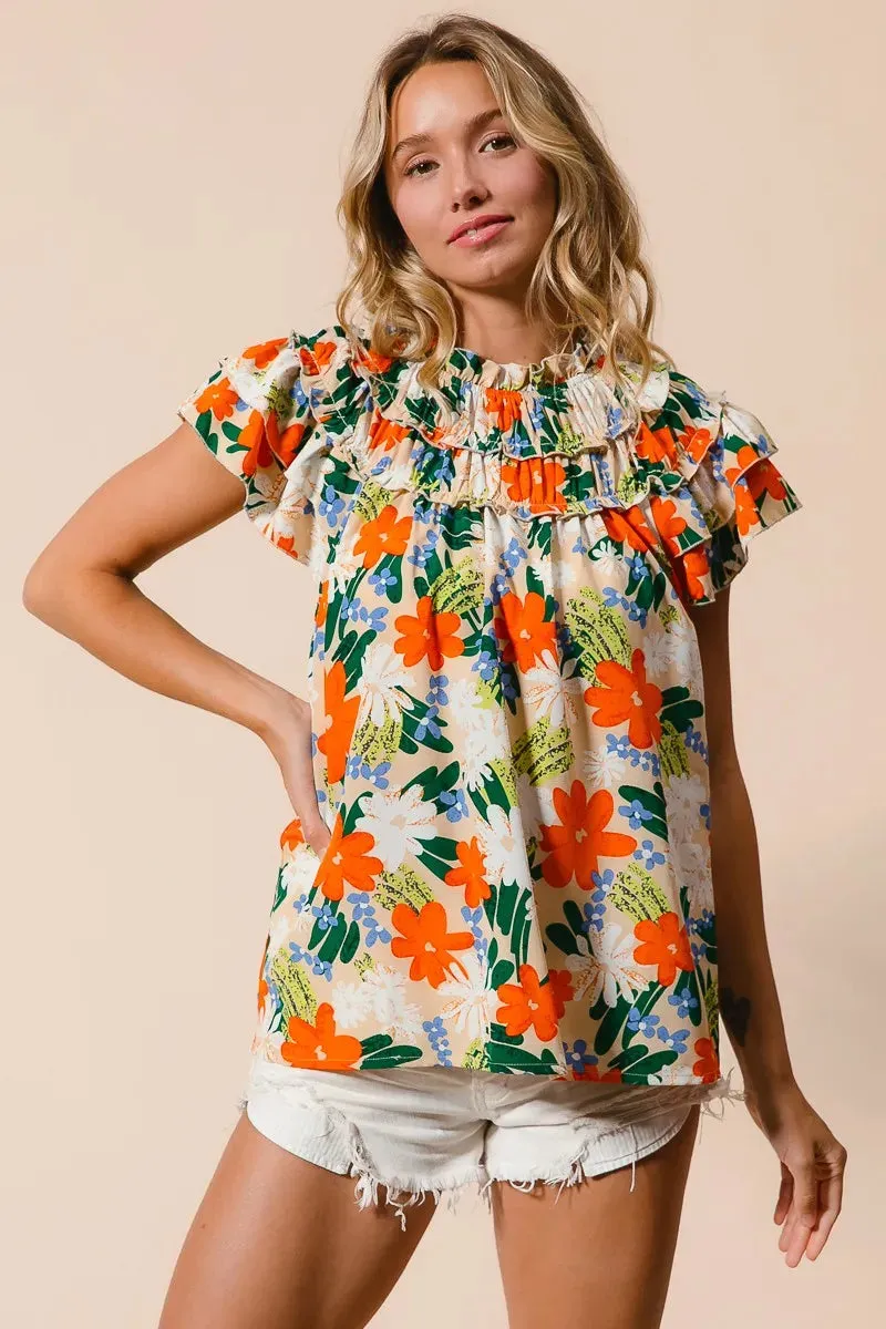 BiBi Multi Color Floral Print Woven Top In Cream