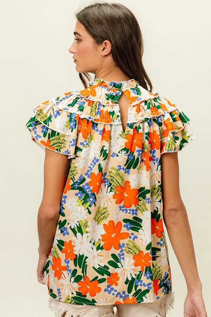 BiBi Multi Color Floral Print Woven Top In Cream