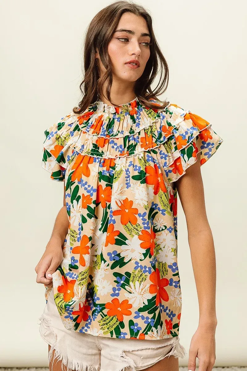 BiBi Multi Color Floral Print Woven Top In Cream