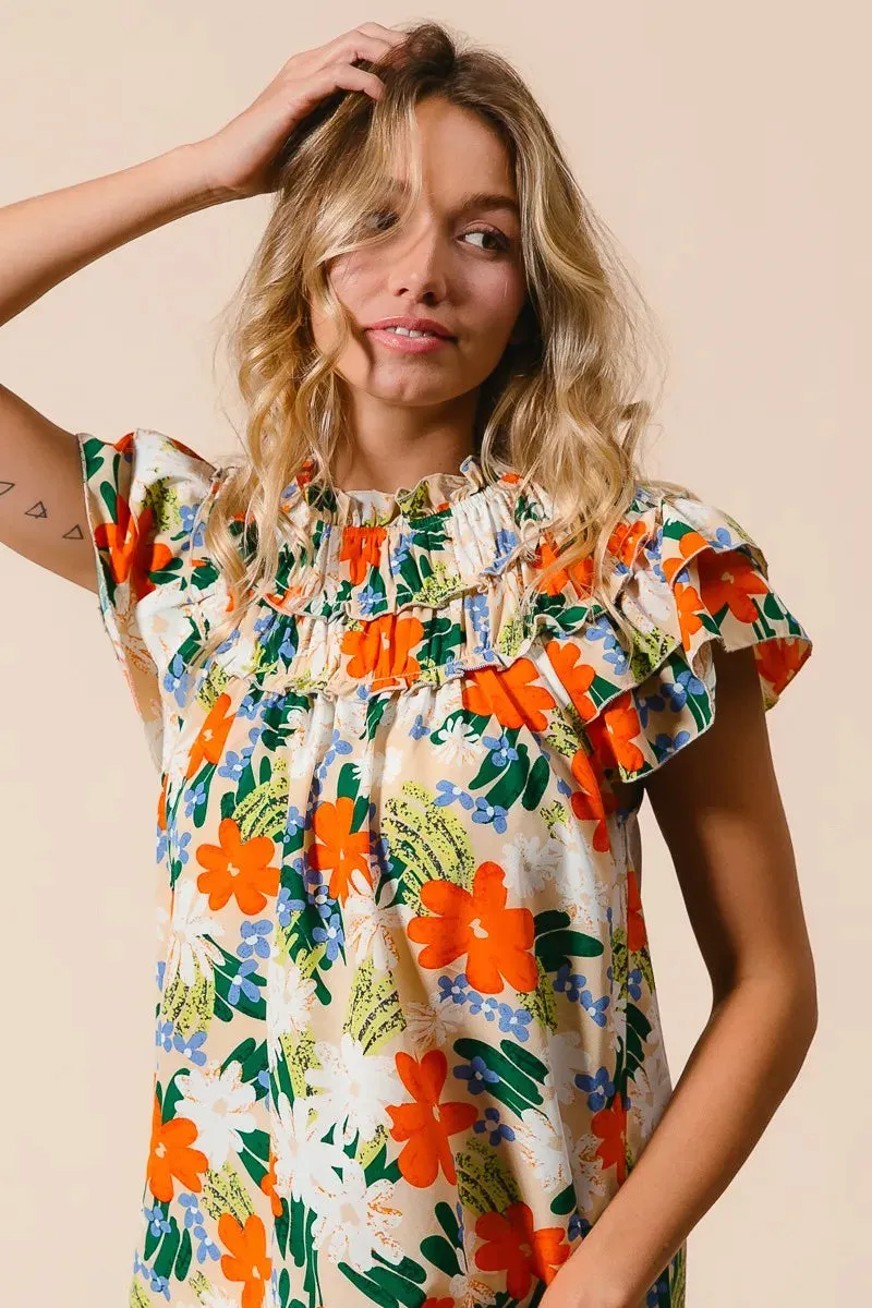 BiBi Multi Color Floral Print Woven Top In Cream